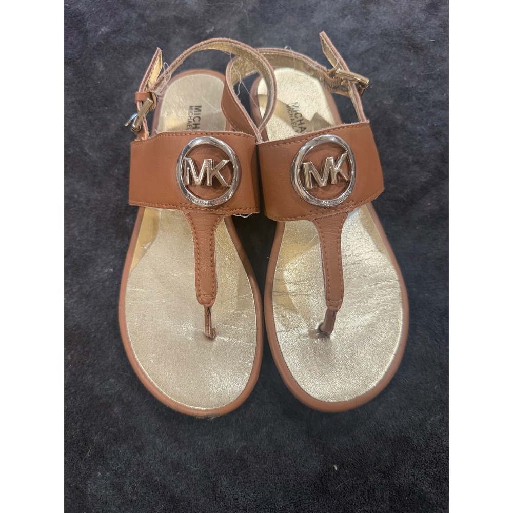 Michael Kors Kids Sydney Charm Tan Gold Leather Thong Sandals MK100600C Size 3